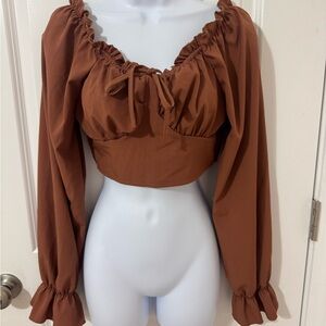SHEIN Brown Long Sleeve Ruffle Crop Top